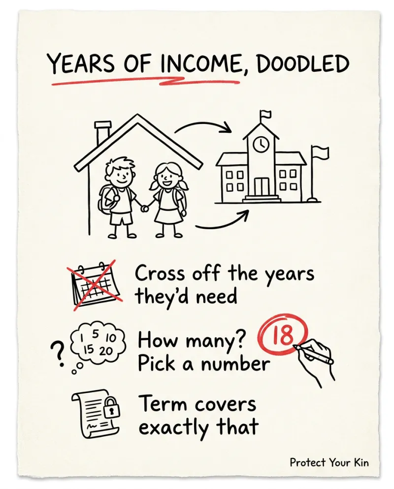 Term life ad: years of income, doodled